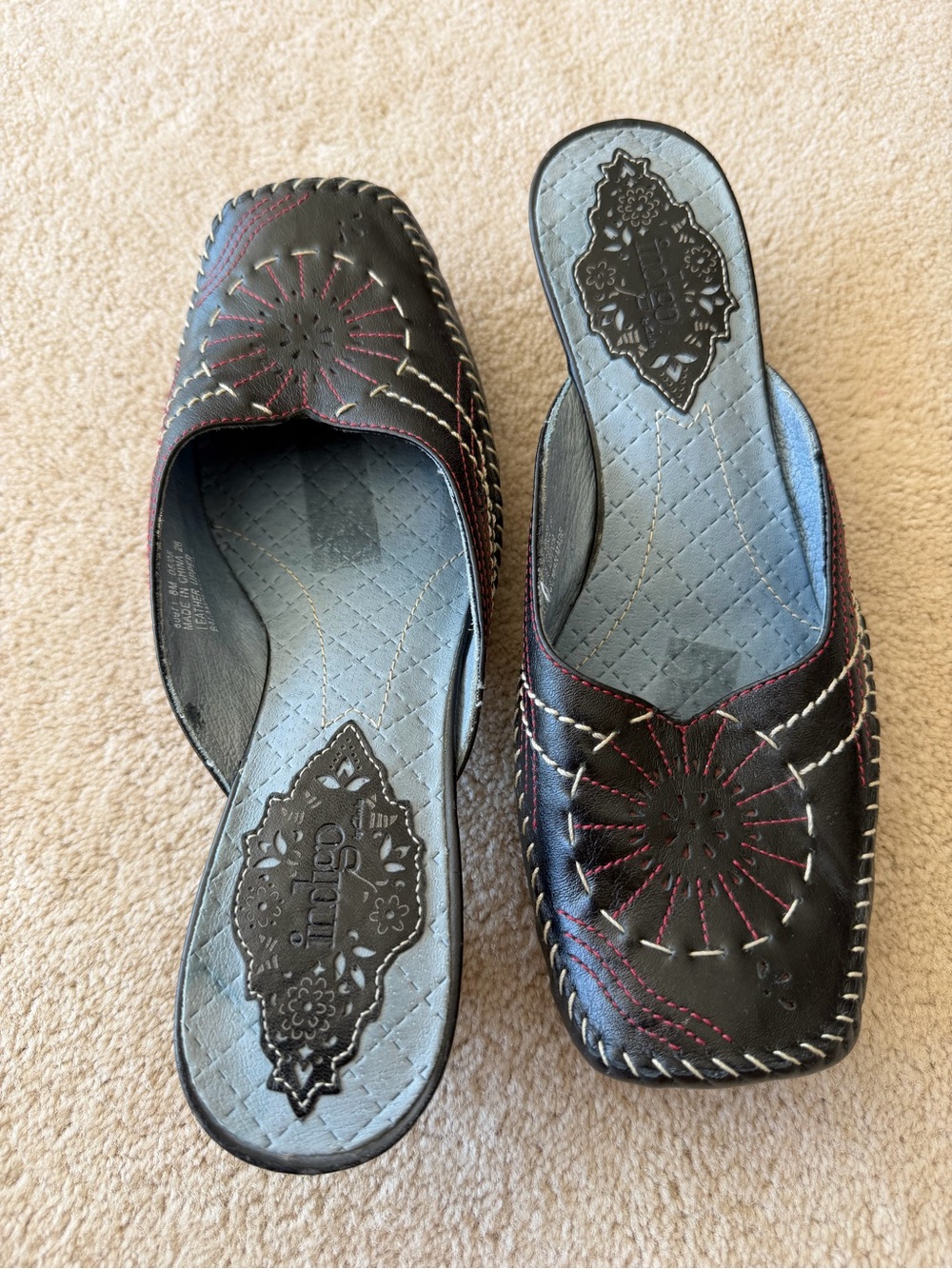 Indigo Black Leather Slip-On Mules with Red Stitching